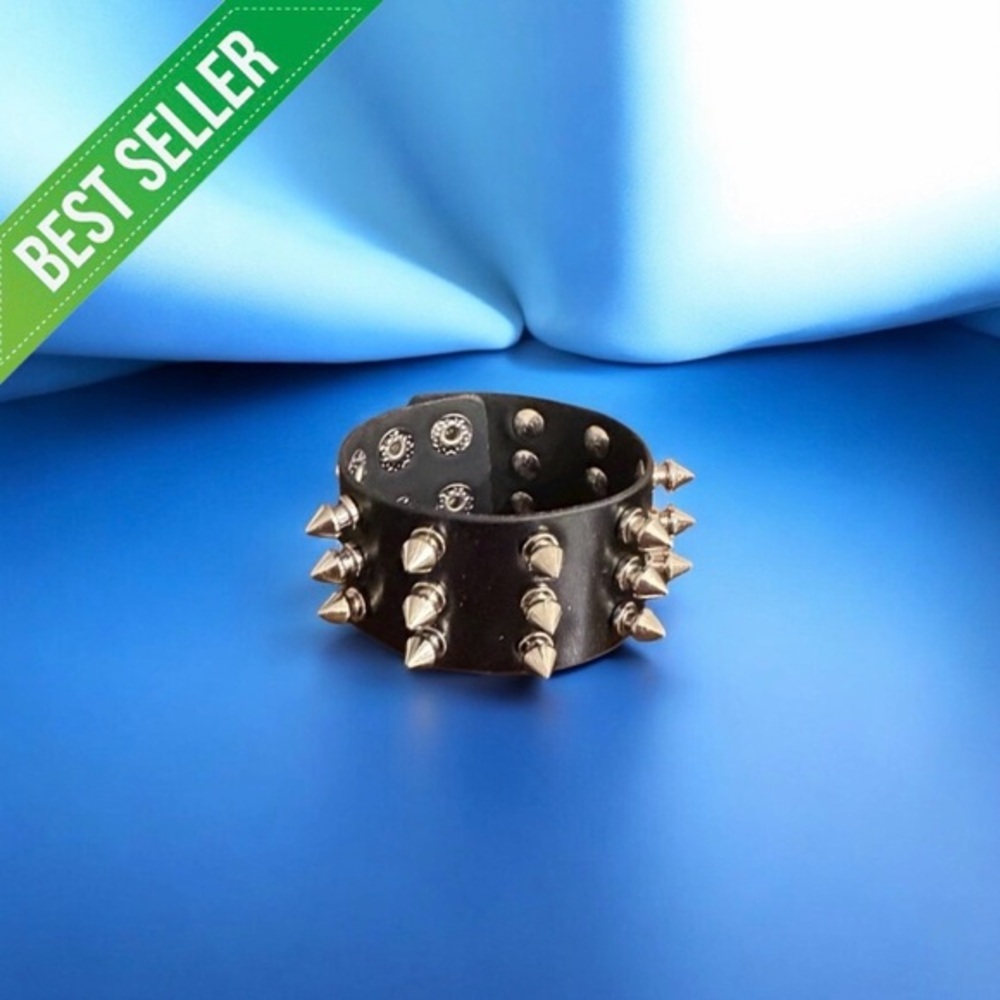 Black Faux Leather Spiked Punk Bracelet – Goth Skater Emo Rock Fashion Jewelry